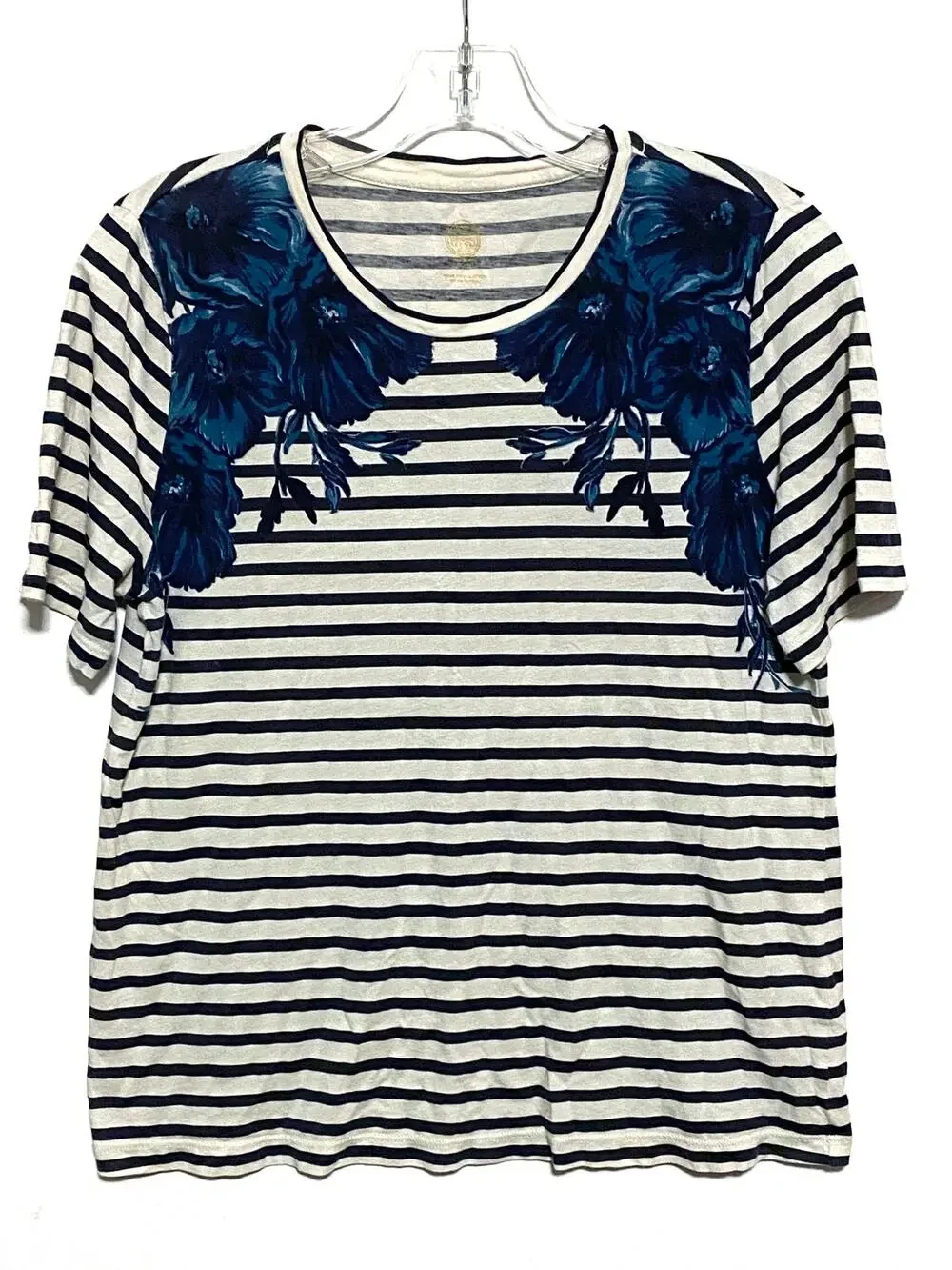Tory Burch Floral Pima Cotton Short Sleeve Tee TShirt M Striped Coastal Nautical